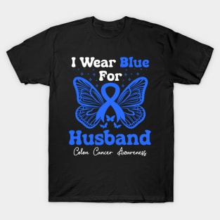 I Wear Blue For My Husband Butterfly Colon Cancer T-Shirt